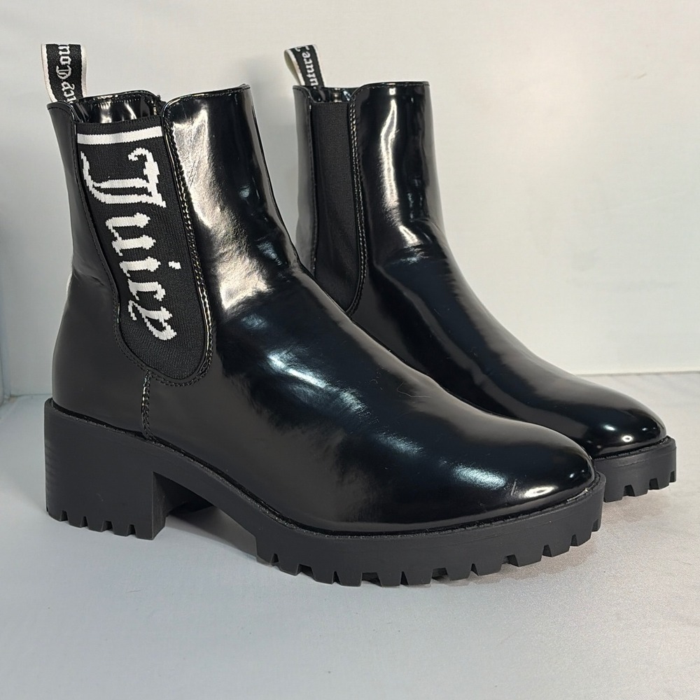 Juicy Couture JC-ONE UP Black Patent Lug Sole Chelsea Boots 8